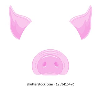 Pig Face Video Chat, Pig Face Selfie. Pig Mask Flat Temlate, Nose And Ears. Carnival Masked Costume Isolated Vector.