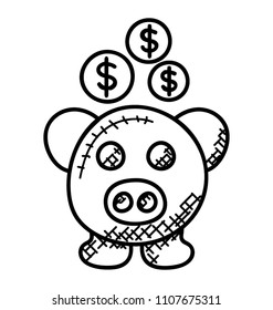 
Pig faced icon with insertion of coins in it representing piggy bank,.
