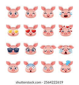 Pig faces emotions. Emoji heads, funny little pork, smiles, tears, anger, sleep, farm cute animals, different moods for messages, emotion expression cartoon flat isolated vector set