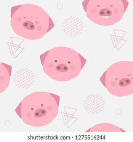 Pig faces seamless pattern vector background illustration.