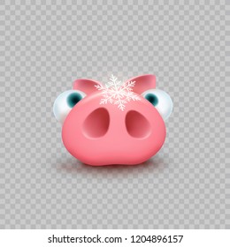 Pig with falling white snowflake isolated on transparent background. Christmas snow flake and cute piglet. Vector xmas funny little pig character.