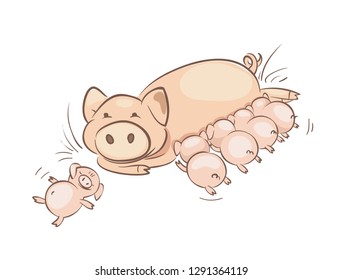 Pig family. Vector illustration, Big sow feeding cubs.