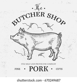 Pig Farm animal livestock. Pig Hand drawn sketch logo in a graphic style. Vintage vector engraving illustration for poster, web. Isolated on white background.