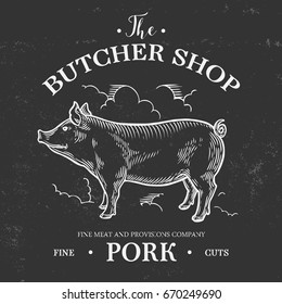Pig Farm animal livestock. Pig Hand drawn sketch logo in a graphic style. Vintage vector engraving illustration for poster, web. Isolated on black background.