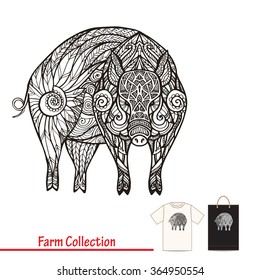 Pig. Farm animals collection. This illustration can be used as a greeting card or as a print on T-shirts and bags. Decorative, in zentangle style. Vector illustration.