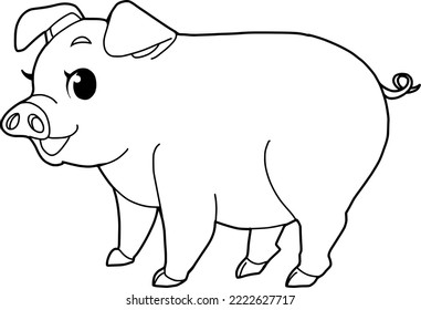 Pig in farm coloring page outline isolated on white background