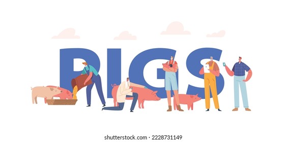 Pig Farm Concept. Male and Female Characters Care of Piglets on Ranch, Men and Women Feeding, Healing Porks Animals on Livestock. Farm Industry Poster, Banner or Flyer. Cartoon Vector Illustration