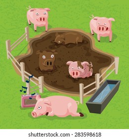 Pig in farm enjoy cartoon