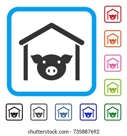 Pig Farm icon. Flat gray iconic symbol inside a light blue rounded squared frame. Black, gray, green, blue, red, orange color versions of Pig Farm vector. Designed for web and application UI.