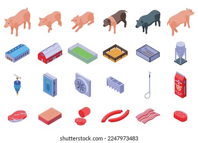 Pig farm icons set isometric vector. Pork animal. Hog swine