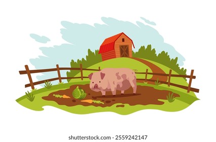 Pig farm landscape. Agriculture field, rural nature scene. Ruralfield panorama with shed or barn and pig