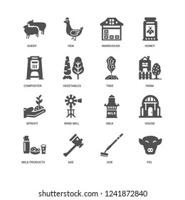 Pig, Farm, Tree, Milk Products, house, Sheep, Composter, Sprout, Hoe, Axe, Warehouse icon 16 set EPS 10 vector format. Icons optimized for both large and small resolutions.
