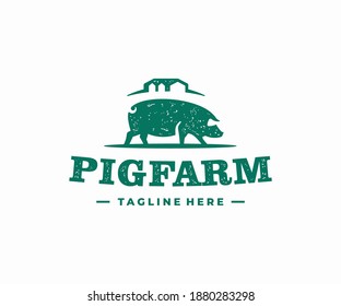 Pig farming logo design. Hog farm with barn and silo vector design. Rustic vintage old livestock animals logotype