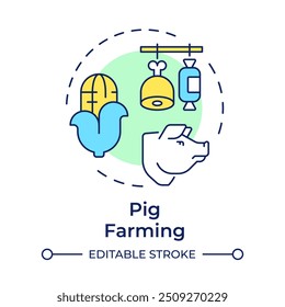 Ícone de conceito multi-cor de criação de porcos. Alimentos naturais, produtos de carne. Cultivo de suínos. Ilustração de linha de forma redonda. Ideia abstrata. Design gráfico. Fácil de usar em infográfico, apresentação