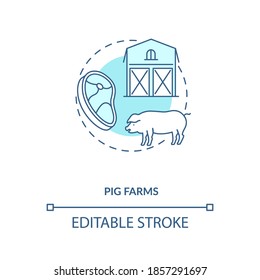 Pig farms concept icon. Farm production types. Healthy meat growing. Mamal ranch farm. Animal foods production idea thin line illustration. Vector isolated outline RGB color drawing. Editable stroke