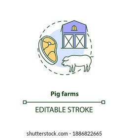 Pig farms concept icon. Farm production types. Healthy meat. Mamal ranch. Animal foods production idea thin line illustration. Vector isolated outline RGB color drawing. Editable stroke