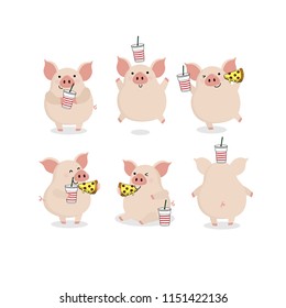 Pig and fastfood cartoon. Piggy eat pizza and cola vector.