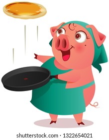 Pig female in apron cooks pancakes in pan. Isolated on white vector cartoon illustration