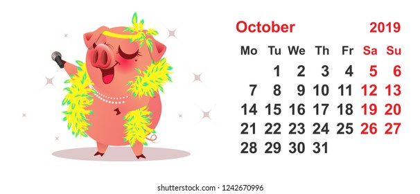 Pig female sings. Calendar October 2019 year grid. Isolated on white vector cartoon illustration