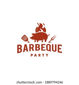 Pig And Fire Logo, Grill Barbeque Invitation Party Barbecue Bbq Logo Design Vintage Hipster Style