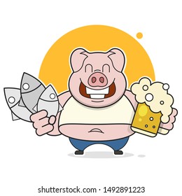 Pig with fish and beer, vector illustration on white background.