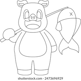 Pig Fisher Fishing rod Fishing Animal Vector Graphic Art Illustration