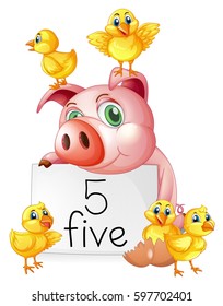 Pig and five little chicks illustration