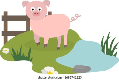 Pig flat. Cute cartoon vector illustration. Farm animal with landscape.