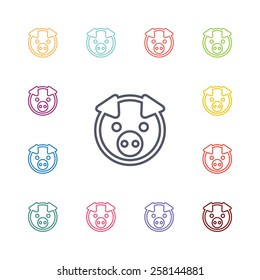pig flat icons set. Open colorful buttons 
