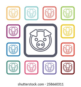pig flat icons set. Open colorful buttons 