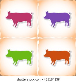 Pig. Flat sticker with shadow on old paper. Vector illustration