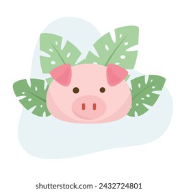 Pig flat vector Illustration icon decorated with leaves for web use for farm animal, pork, piglet.