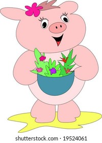Pig with Flower Basket Vector