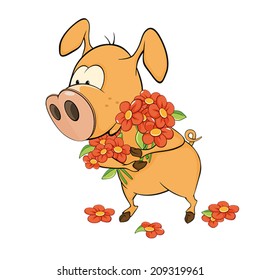 Pig and flowers. Cartoon 