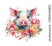 Pig with Flowers Watercolor Vector Illustration