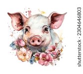 Pig with Flowers Watercolor Vector Illustration