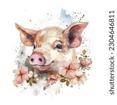 Pig with Flowers Watercolor Vector Illustration