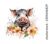 Pig with Flowers Watercolor Vector Illustration