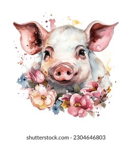 Pig with Flowers Watercolor Vector Illustration