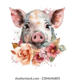 Schweinefleisch mit Blumen Aquarell-Vektorgrafik