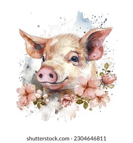 Pig with Flowers Watercolor Vector Illustration