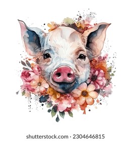 Pig with Flowers Watercolor Vector Illustration