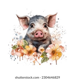 Pig with Flowers Watercolor Vector Illustration