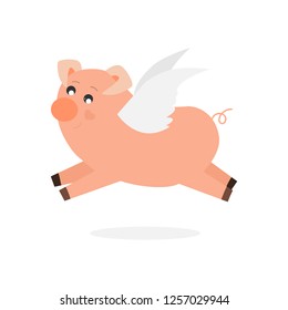 Pig flying with angel wings in the air.Cute childish vector illustration. 
