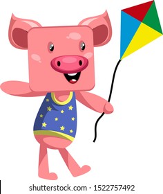 Pig with flying kite, illustration, vector on white background.