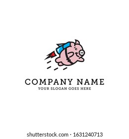 Pig flying with rocket logo design, cute pig cartoon animal pet care vector illustration