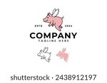 pig flying with wings cartoon logo design for animal food farm restaurant company business