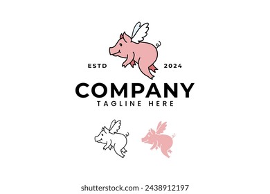 diseño de logotipo de dibujos animados de cerdos volando con alas para la empresa de restaurantes de granja de alimentos animales