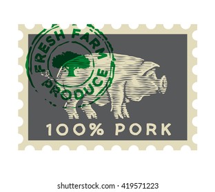 pig in the form of engraving on a postage stamp with a text stamp, and a symbol of the tree