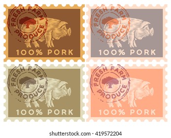 pig in the form of engraving. on a postage stamp with a text  and a symbol of the tree